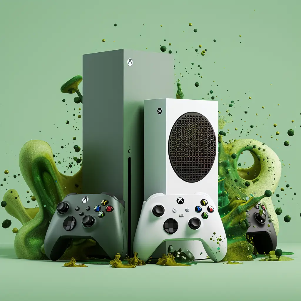 Xboxes with controllers, xbox game pass